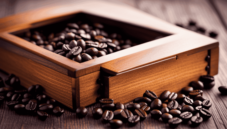 An image showcasing a stylishly designed, handcrafted wooden box, filled with an assortment of aromatic coffee beans from around the world, neatly arranged and labeled, ready to be discovered and savored