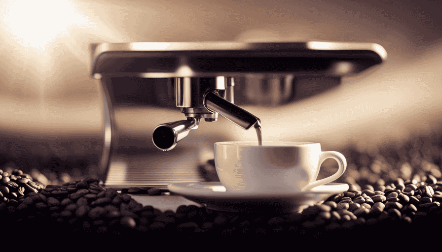 An image showcasing a sleek, modern ECM espresso machine in action, with rich, aromatic coffee being expertly poured into a porcelain cup, surrounded by a backdrop of finely ground coffee beans and swirling steam