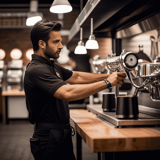 An image that showcases the inviting atmosphere of a bustling New Jersey coffee roastery, where baristas meticulously craft aromatic brews, and customers savor their drinks amidst cozy seating arrangements and shelves lined with bags of freshly roasted beans