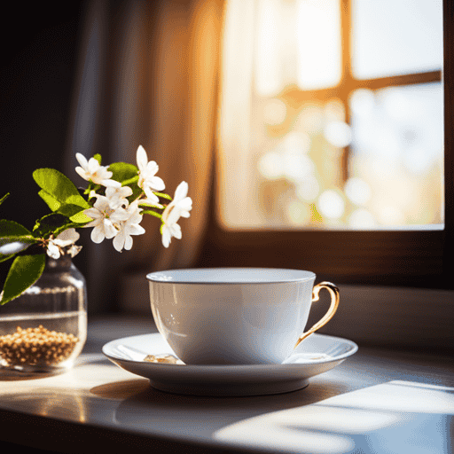 An image capturing the essence of Osmanthus tea: a dainty, porcelain teacup brimming with golden-hued fragrant tea, delicate blossoms floating on the surface, as sunlight filters through a nearby window, casting a warm glow