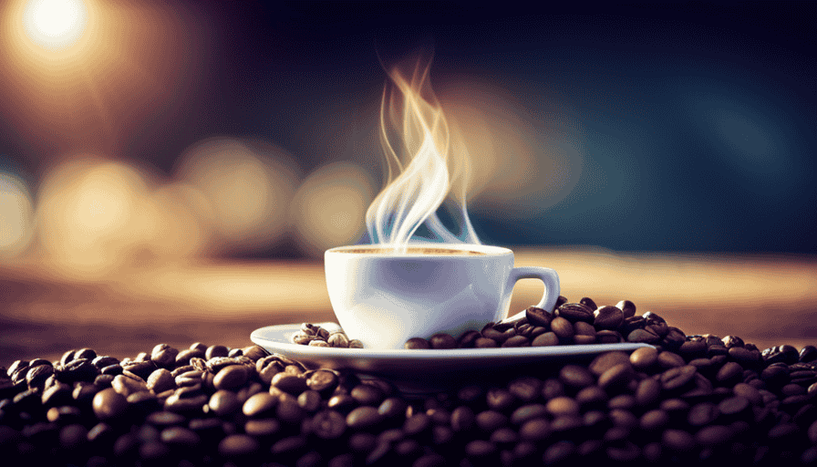 An image showcasing a steaming cup of McDonald's premium coffee, surrounded by a variety of aromatic beans, highlighting the rich, dark hues and vibrant flavors that make their coffee menu truly irresistible