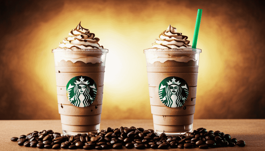 An image featuring a tall glass filled with creamy, indulgent Starbucks Frappuccino, topped with a mound of whipped cream and drizzled with rich caramel sauce, surrounded by a backdrop of coffee beans and a hint of chocolate shavings