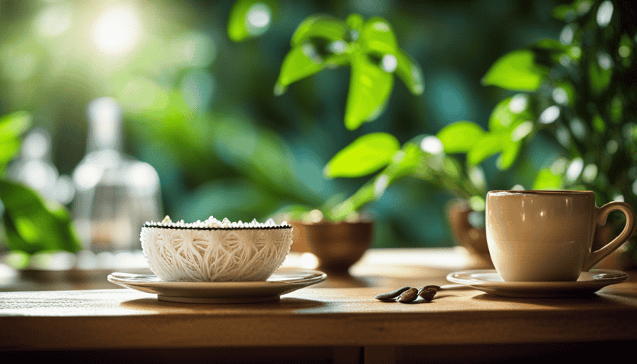 An image showcasing a vibrant Cuban coffee scene - a picturesque café with antique wooden tables draped in white lace, adorned with porcelain cups brimming with dark, aromatic coffee, surrounded by lush tropical plants