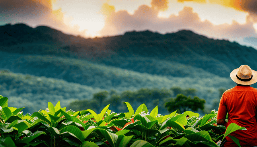 An image showcasing a sun-kissed Puerto Rican coffee plantation, where lush emerald hills meet the azure ocean