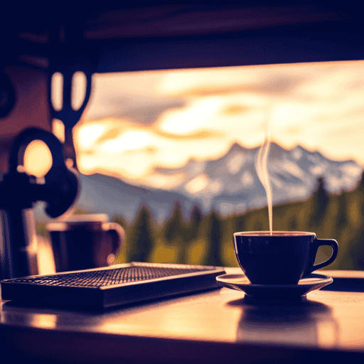 An image of a cozy, rustic coffee shop nestled in the breathtaking Montana wilderness