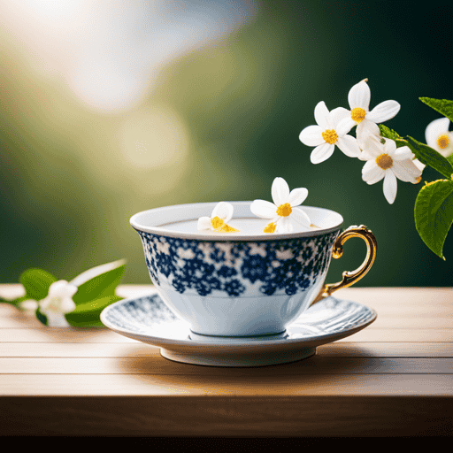 An image that captures the ethereal essence of jasmine tea: a porcelain teacup brimming with golden liquid, delicate wisps of steam dancing towards a bouquet of freshly bloomed jasmine flowers