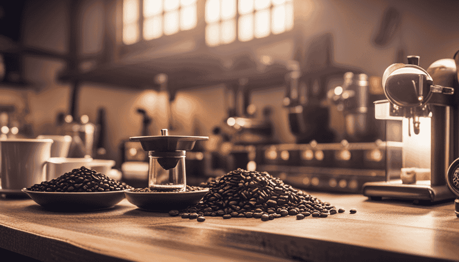 the cozy ambiance of a DIY coffee bar at home: A rustic wooden countertop adorned with a gleaming espresso machine, vintage mugs hanging from hooks, and aromatic coffee beans artfully displayed in glass jars