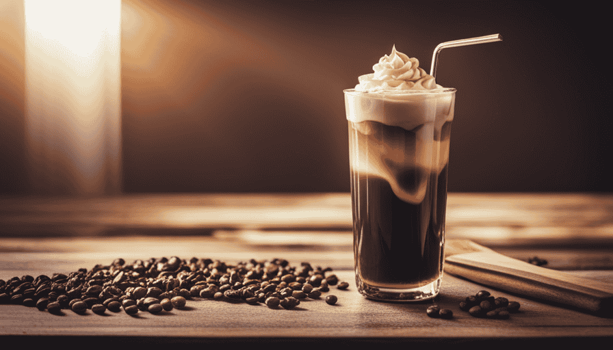 An image capturing the essence of a DIY Vanilla Sweet Cream Cold Brew: a tall glass filled with ice-cold coffee swirling with a creamy vanilla layer on top, adorned with a drizzle of caramel sauce and a sprinkle of crushed coffee beans