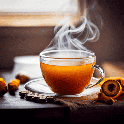 An image showcasing a vibrant, steaming cup of ginger turmeric tea, exuding warmth and spiciness