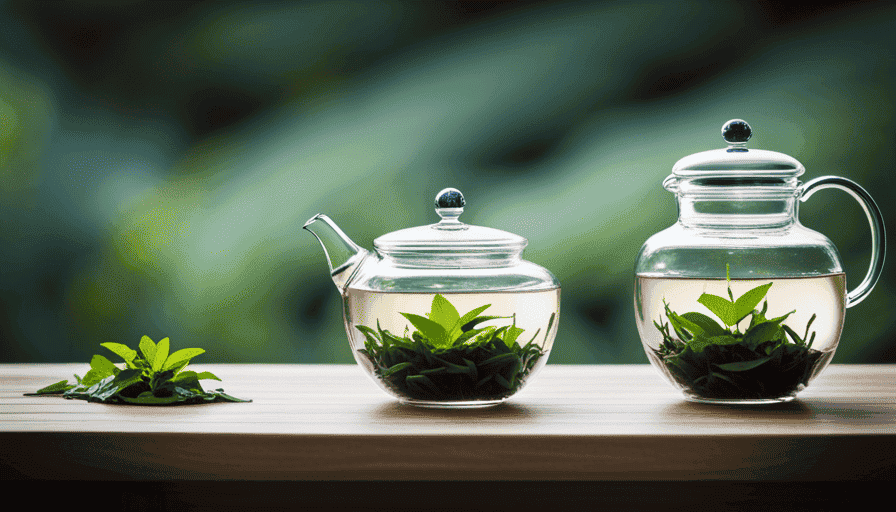 An image showcasing a serene, teacup-filled scenery, with vibrant green Kangen Ukon tea leaves gracefully steeping in a glass kettle