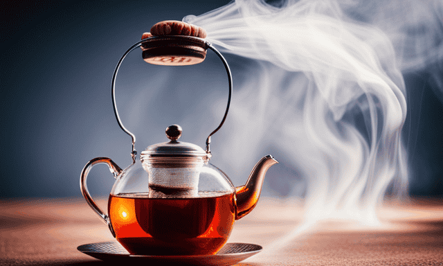 An image capturing the process of brewing rooibos tea: a steaming teapot filled with vibrant red tea leaves submerged in precisely measured 2 quarts of boiling water, releasing aromatic steam into the air