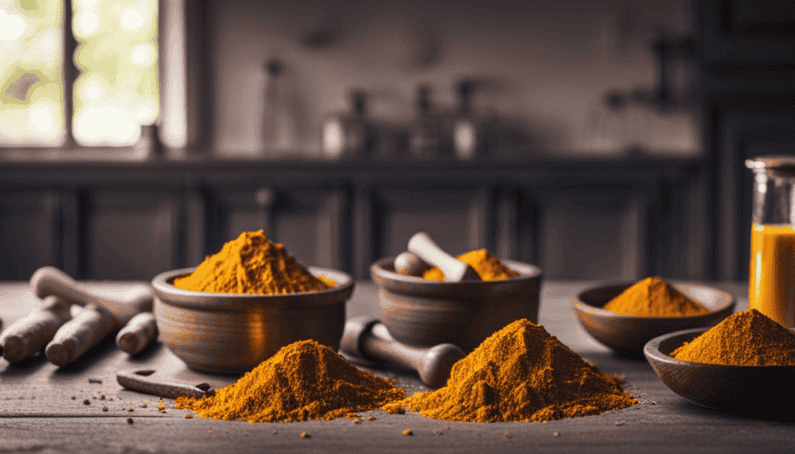 An image showcasing a vibrant, yellow-tinted kitchen counter with a variety of fresh ingredients, including turmeric powder, pill bottles of antibiotics, and a mortar and pestle, evoking curiosity about the potential interaction between turmeric and antibiotics