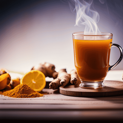 An image that showcases a vibrant, steaming cup of turmeric and ginger tea, filled with golden hues