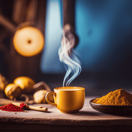 An image showcasing the vibrant fusion of turmeric and lemongrass through a close-up shot of a steaming cup of golden turmeric tea garnished with fresh lemongrass leaves against a backdrop of a colorful spice market