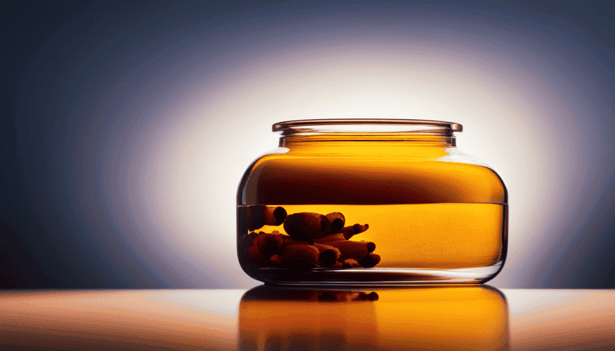 An image showcasing a glass jar filled with vibrant yellow liquid, exuding a warm glow