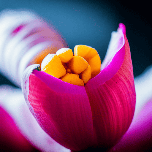 An image showcasing a close-up shot of a vibrant yellow turmeric root, sliced into halves, revealing its rich orange interior, vividly contrasting against a backdrop of a healthy pink colon