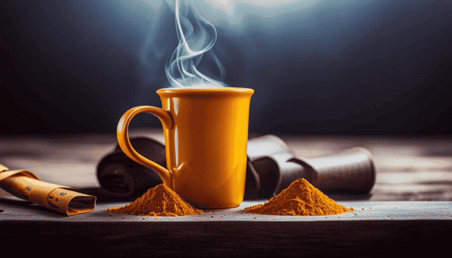 An image showcasing a vibrant mug filled with steaming turmeric tea, surrounded by freshly grated turmeric root, a lemon slice, and a tape measure gently wrapping around a slender waistline
