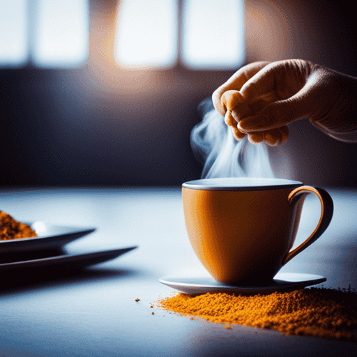An image showcasing a steaming cup of vibrant yellow turmeric tea, radiating warmth and inviting comfort