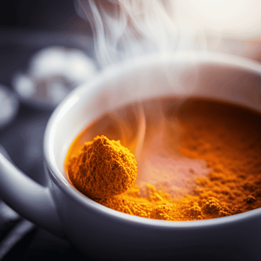 An image showcasing a vibrant cup of warm turmeric tea, surrounded by an assortment of soothing herbs, with steam gently rising from the cup