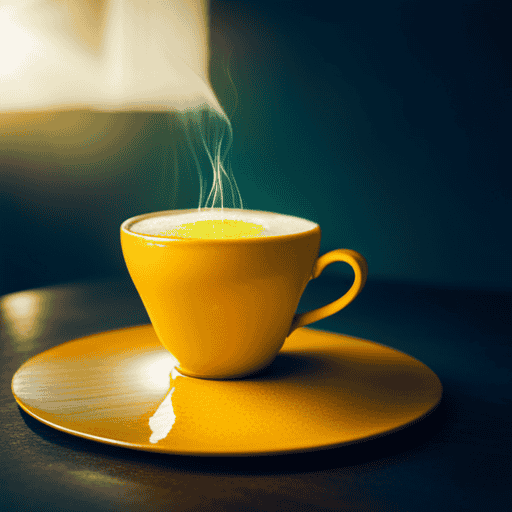 An image showcasing a vibrant yellow ceramic teacup filled with steaming turmeric tea, adorned with droplets condensing on the surface