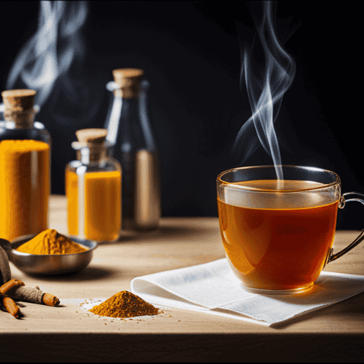 An image depicting a vibrant cup of turmeric tea alongside a variety of prescription medication bottles