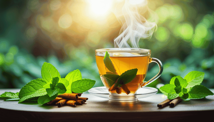 An image showcasing a steaming cup of golden turmeric tea, surrounded by vibrant green mint leaves and slices of fresh lemon, evoking a sense of soothing warmth and a potential remedy for acidity