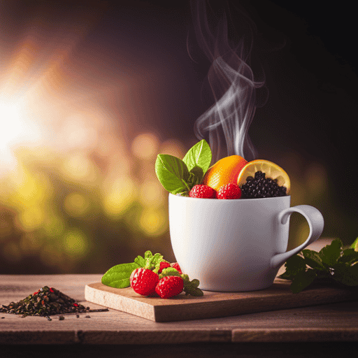 An image showcasing a steaming cup of Yogi Breathe Deep Tea, brimming with aromatic herbs like eucalyptus, peppermint, and thyme, alongside a vibrant assortment of vitamin-loaded fruits and vegetables