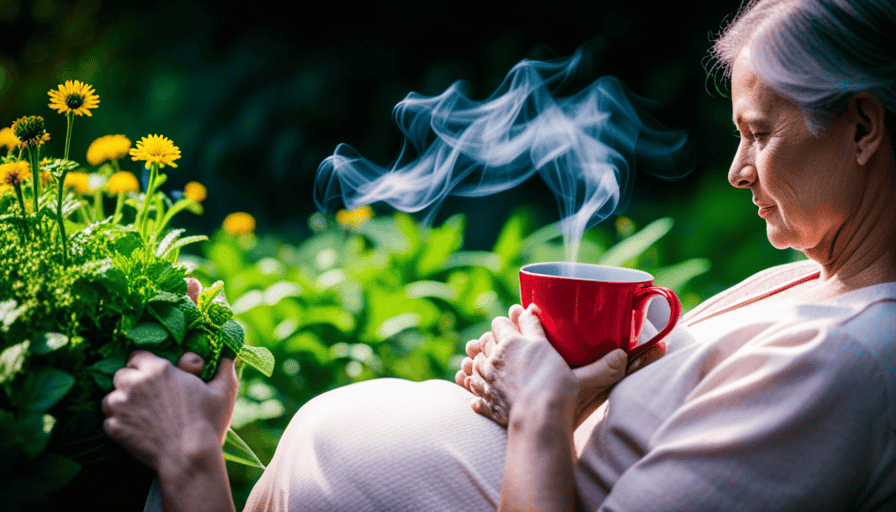 An image capturing the essence of tranquility: a serene, expectant mother cradling a steaming cup of fragrant herbal tea, surrounded by a lush garden bursting with vibrant, healing herbs