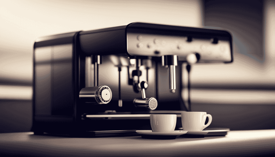 An image that showcases a sleek, compact espresso machine with a sturdy stainless steel heat exchanger system
