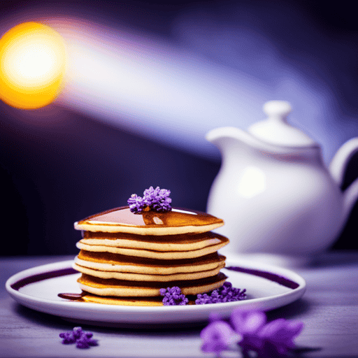 An image showcasing a stack of fluffy, golden pancakes infused with the delicate aroma of Earl Grey tea