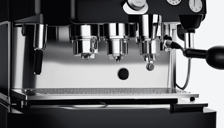 An image showcasing the sleek and polished stainless steel body of the Ecm Synchronika home espresso machine, with its dual boilers, PID temperature control, and rotary pump, exuding a sense of precision and elegance