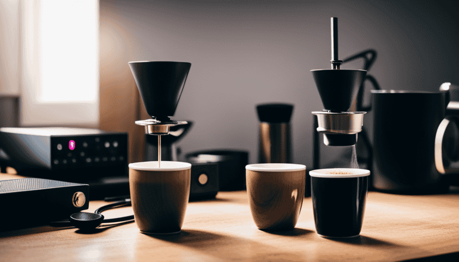 An image that showcases a well-equipped Aeropress setup, complete with a precision coffee scale, a stainless steel filter, a compact hand grinder, and a stylish ceramic mug