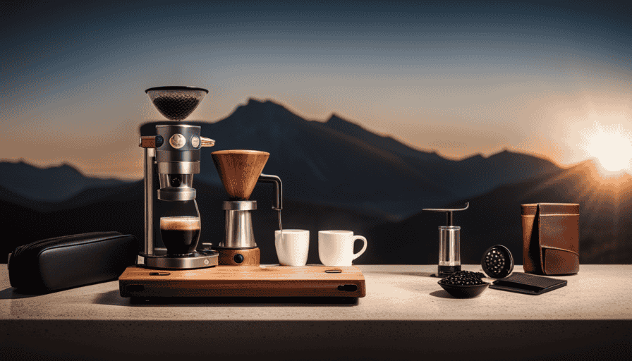 An image showcasing an Aeropress with an array of essential accessories: a precision coffee scale, a stainless steel filter, a ceramic burr grinder, a gooseneck kettle, and a stylish travel case