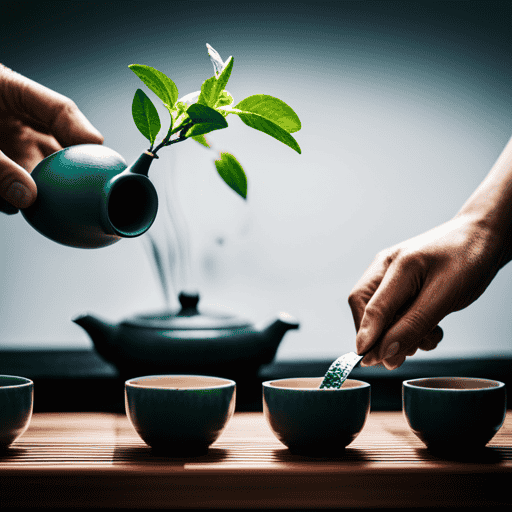 An image showcasing a serene Japanese tea ceremony with a vibrant emerald green tea being meticulously brewed and poured into delicate ceramic cups, surrounded by fresh tea leaves and aromatic ingredients like citrus slices and fragrant herbs