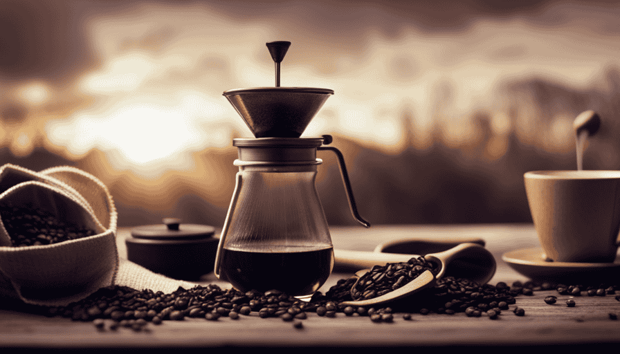 An image showcasing a rustic wooden coffee dripper with a reusable metal mesh filter, accompanied by a ceramic pour-over coffee brewer and a glass jar filled with freshly ground coffee beans