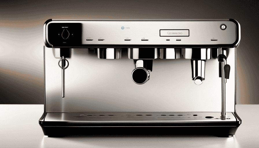An image showcasing the sleek and elegant Espressione Concierge espresso machine, with its glossy stainless steel exterior gleaming under soft lighting, steam swirling from the spout, and a velvety cup of rich, aromatic coffee being poured