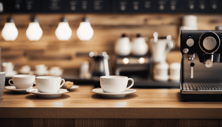 An image capturing the inviting ambiance of a coffee shop, showcasing a sleek espresso machine, a row of meticulously arranged ceramic cups, a rustic wooden counter adorned with fresh pastries, and a barista passionately crafting a latte art masterpiece