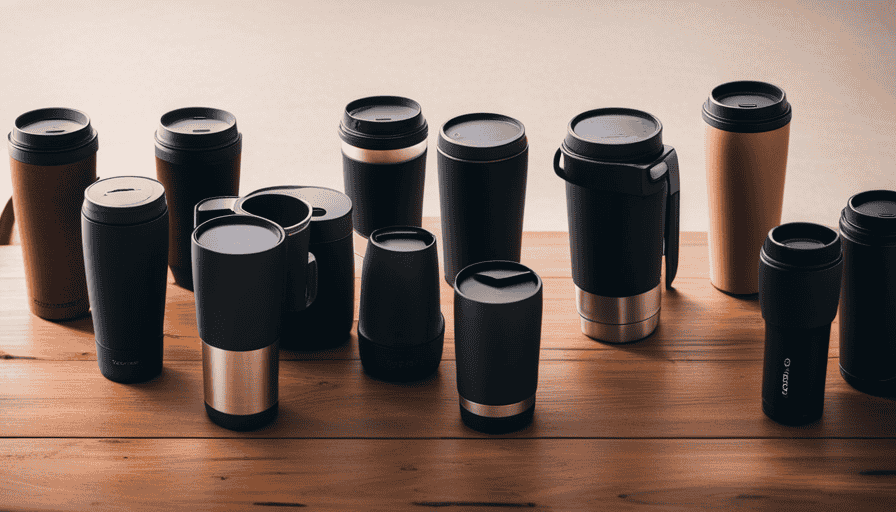 An image showcasing a variety of sleek and stylish coffee thermoses, lined up neatly on a wooden table