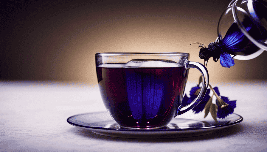 An image capturing the vibrant blue hues of freshly brewed Butterfly Pea Flower Tea, elegantly poured into a transparent glass teacup, accompanied by delicate dried flowers and a teapot in the background