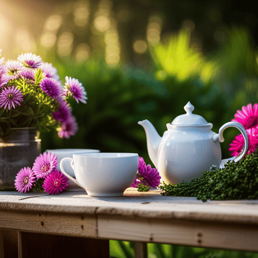 An image showcasing a serene garden setting with a rustic wooden tea table adorned with delicate porcelain tea cups, a steaming teapot, and an array of vibrant herbs and flowers, evoking the essence of Evergreen Herbal High Tea
