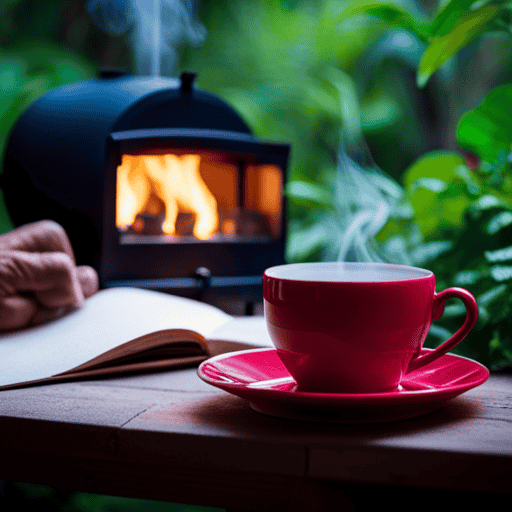 An image showcasing a cozy, rustic setting with a steaming cup of Firebelly Tea nestled in a hand, surrounded by lush greenery and vibrant botanicals, emanating a warm, inviting ambiance