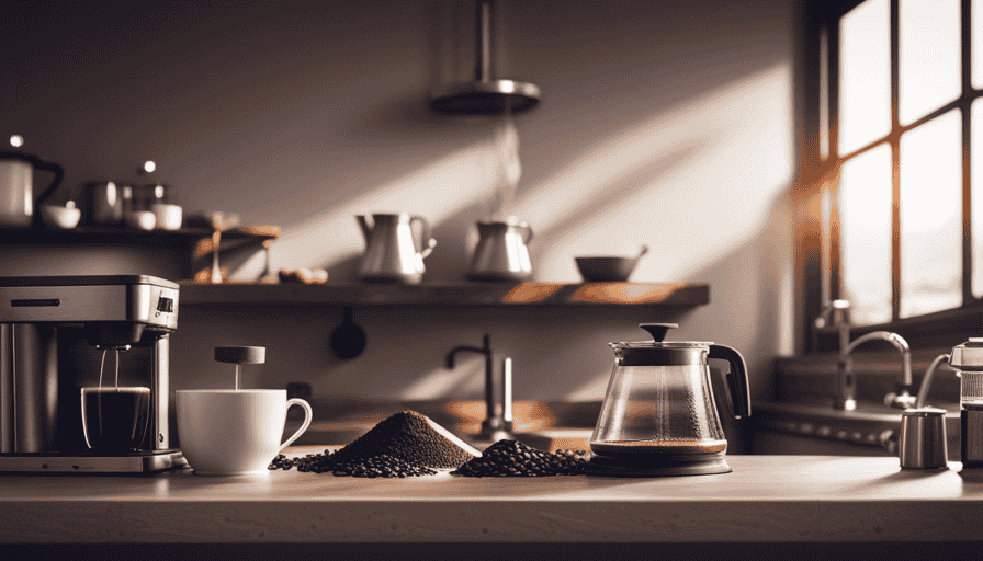 An image capturing a cozy kitchen scene with a rustic wooden countertop adorned with an array of coffee makers – from sleek espresso machines to classic drip brewers – showcasing the diverse world of coffee brewing techniques