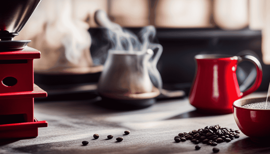 An image showcasing a cozy kitchen scene with a rustic wooden coffee grinder, a vibrant red ceramic mug, and a steamy pour-over coffee brewing process, highlighting the rich aroma and deep flavors of Guatemalan coffee
