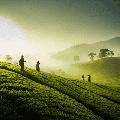 An image of a lush green tea plantation nestled in the misty hills of Assam, with workers wearing colorful traditional attire plucking tea leaves, capturing the essence of India's rich tea culture