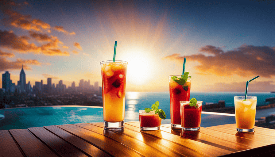 An image showcasing a vibrant, sun-kissed patio scene at Starbucks, adorned with colorful, icy Refreshers in tall glass cups, brimming with tangy fruit slices, garnished with sprigs of fresh mint