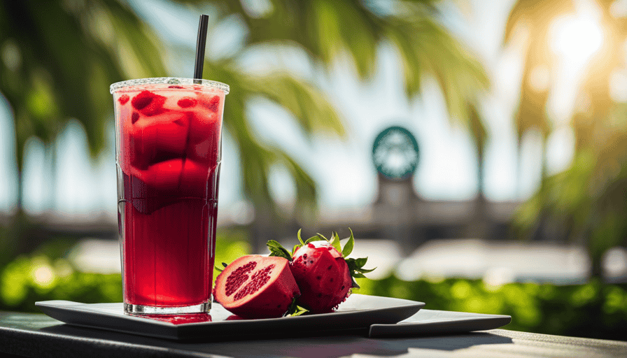 An image showcasing a vibrant Starbucks Refreshers menu: a tall glass of sparkling Strawberry Acai Refresher, a burst of tangy lime in a tall Dragon Drink, and a tropical Mango Dragonfruit Refresher with ice cubes, all set against a backdrop of lush greenery