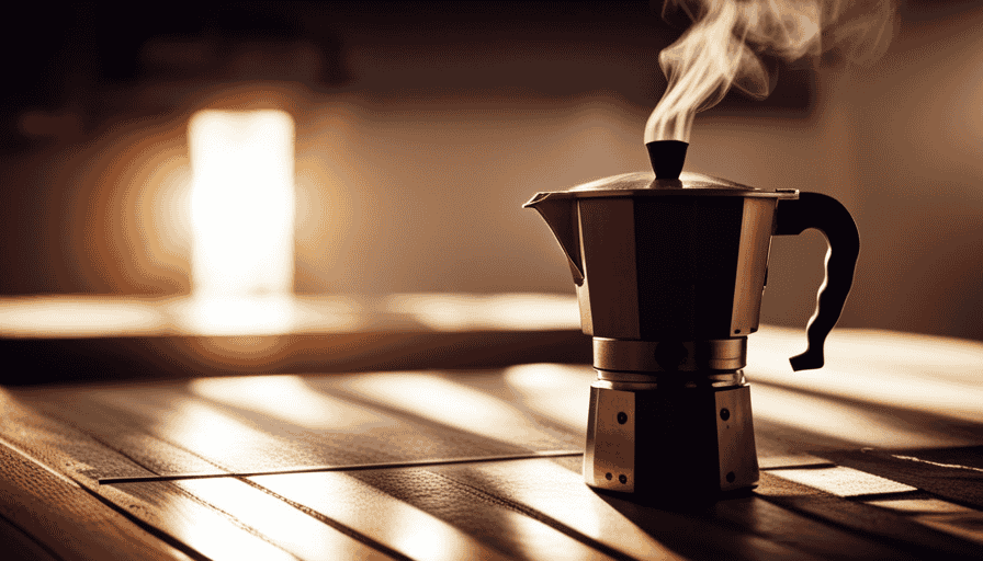 An image showcasing a steaming moka pot, nestled on a rustic wooden table