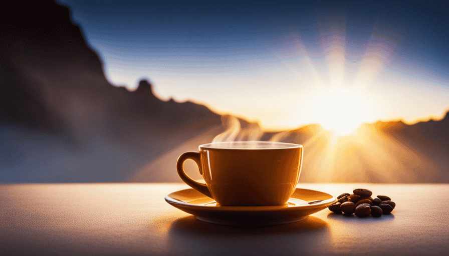 the essence of a sun-kissed morning; an inviting, steamy cup of light roast coffee in a transparent glass mug, emanating vibrant golden hues
