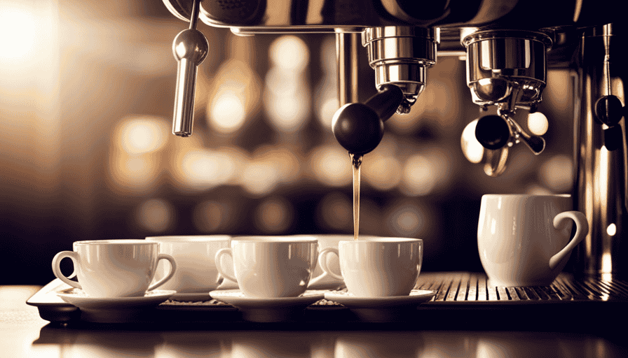An image featuring a sleek, stainless steel Italian espresso machine adorned with intricate brass accents, surrounded by an assortment of perfectly crafted espresso cups, aromatic coffee beans, and a frothy cappuccino served in an elegant glass