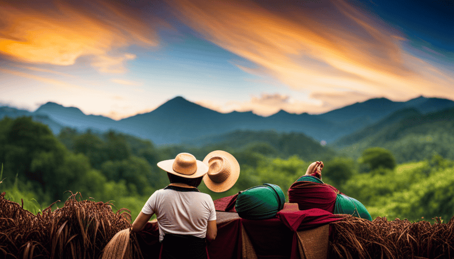 An image showcasing a vibrant Guatemalan coffee farm with lush green mountains in the background